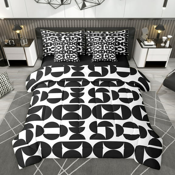 Homewish Fashion Minimalst Adult Twin Bedding Sets 7-Piece, Black White Square Cycle Bedding Comforter Set, Modern Abstract Reversible Sheet Sets, Lightweight Room Decor