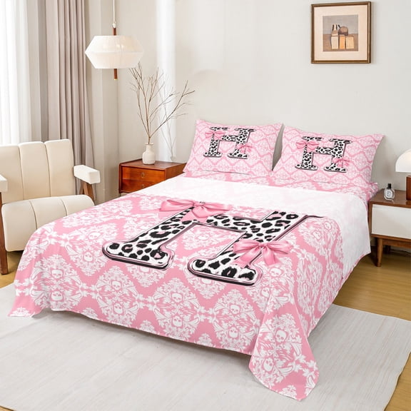 Homewish Fashion Monogrammed Girls Bed Sheets, Kawaii Pink Damask King Sheets, Bow Initial H Letter Sheet Set, Luxury Bedroom Decor, 4 Pieces