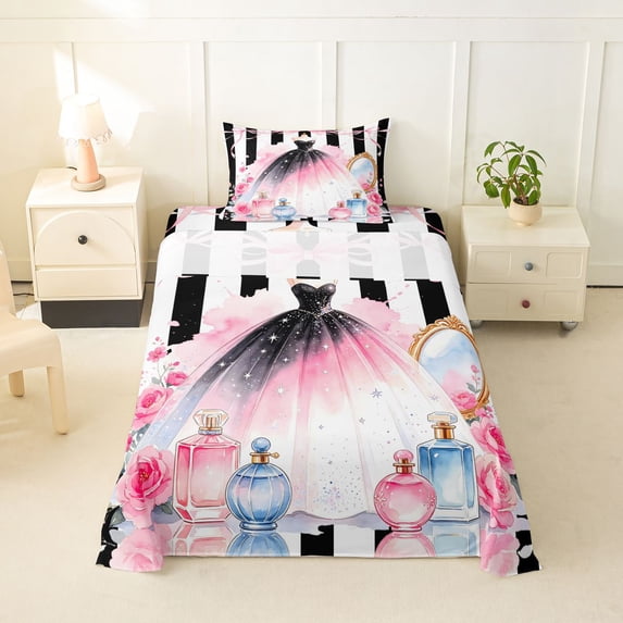 Homewish Fashion Perfume Floral Twin Sheets,Dreamy Bowknot Bedding,3 Pieces,1 Fitted Sheet and 1 Pillowcase