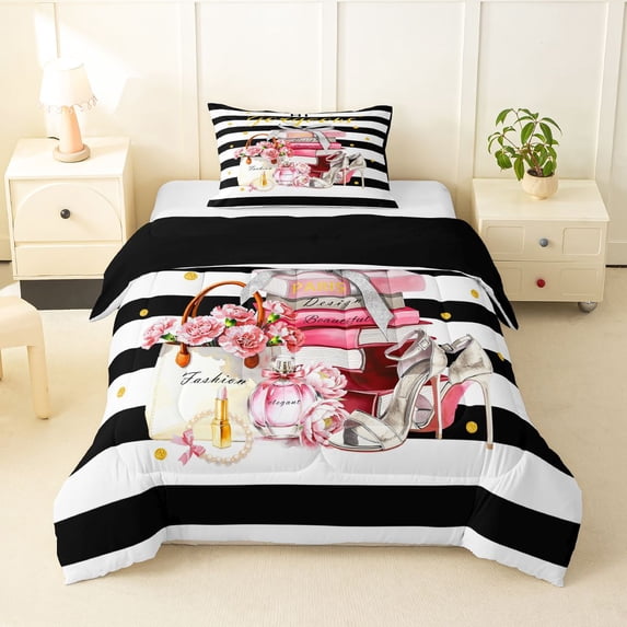 Homewish Fashion Perfume Print Twin Comforter Sets,Black White Stripes Bedding Set,Pink,Black Reversible,2 Pieces,1 Comforter and 1 Pillowcase