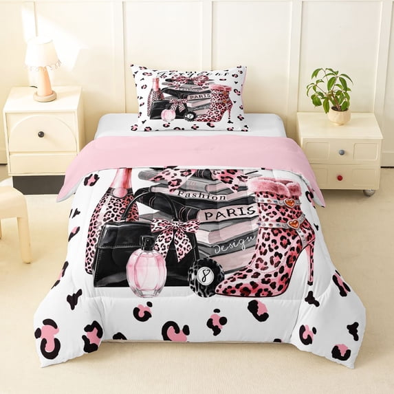 Homewish Fashion Perfume Twin Comforter Sets,Cheetah High Perfume Bowknot Bedding Set,Pink,Pink Reversible,2 Pieces,1 Comforter and 1 Pillowcase