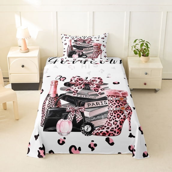 Homewish Fashion Perfume Twin Sheets,Cheetah High Perfume Bowknot Bedding,Pink,3 Pieces,1 Fitted Sheet and 1 Pillowcase