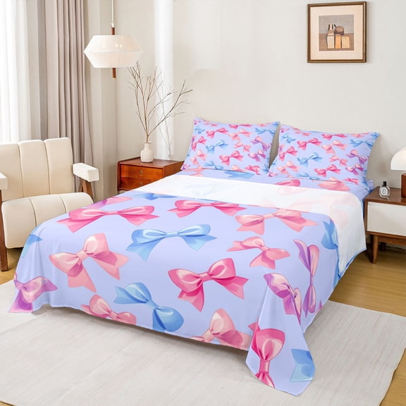 Homewish Fashion Princess Bow Twin Sheet Sets, Kawaii Bowknot Ribbon Twin Fitted Sheet, Teens Kids Girls Women Flat Sheet, Breathable Home Decor, 3 Pieces