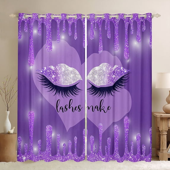 Homewish Fashion Purple Eyelashes Black Out Curtains, Dreamy Sequin Print Curtains Pack of 2 (42x63 Each), Romantic Love Heart Bedroom Curtains, Blackout Curtains Room Decor
