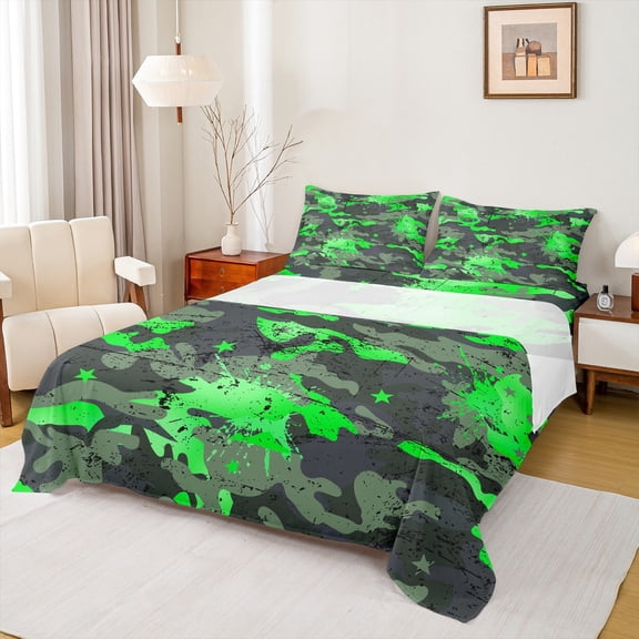 Homewish Fashion Splash Graffiti Twin Sheet Sets for Kids, Green Camouflage Twin Fitted Sheet, Chic Abstract Ombre Flat Sheet, Breathable Home Decor, 3 Pieces