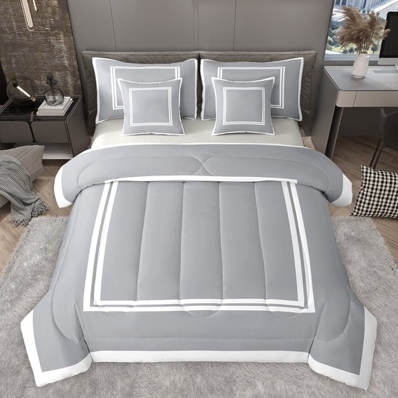 Homewish Fashion Square Adult Bedding Comforter Set 7pcs, Modern Abstract Stripes King Bedding Sets, Grey White Lines Reversible Bed Sheets, Lightweight Room Decor