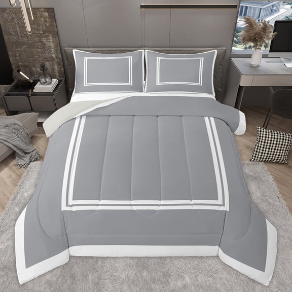 Homewish Fashion Square Adult Bedding Comforter Set, Modern Abstract Stripes Twin Comforter Sets, Grey White Lines Reversible Bedding Set, Lightweight Room Decor, 2-Piece