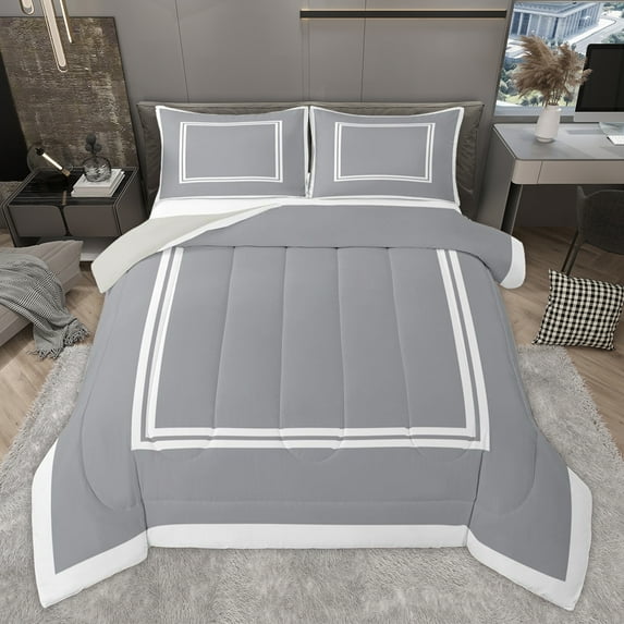 Homewish Fashion Square Adult Bedding Comforter Set, Modern Abstract Stripes Twin Comforter Sets, Grey White Lines Reversible Bedding Set, Lightweight Room Decor, 2-Piece