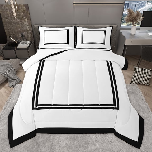 Homewish Fashion Square Adult Queen Comforter Set, Modern Abstract Stripes Bedding Sets, White Black Lines Bedding Comforter Set, Ultra Soft Bedroom Decor, 3-Piece