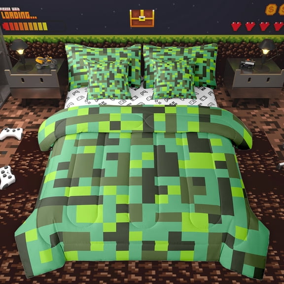 Homewish Fashion Square Buffalo Bedding Comforter Set for Teen, Rectangle Checkered King Bedding Sets, Green Pixelate Miner Reversible Bed Sheets, Lightweight Room Decor