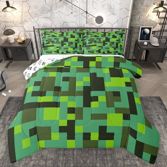 Homewish Fashion Square Buffalo Bedding Comforter Set for Teen, Rectangle Checkered Twin Comforter Sets, Green Pixelate Miner Reversible Bedding Set, Lightweight Room Decor, 2-Piece