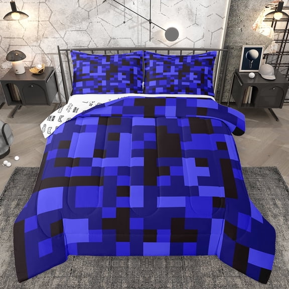 Homewish Fashion Square Buffalo Queen Comforter Set for Teen, Rectangle Checkered Bedding Sets, Royal Blue Pixelate Miner Reversible Bedding Comforter Set, Lightweight Room Decor, 3-Piece