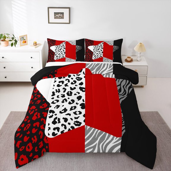 Homewish Fashion Stars Teens Queen Comforter Set, Modern Zebra Cheetah Print Bedding Sets, Chic Red Polkadots Reversible Bedding Comforter Set, Breathable Home Decor, 3 Pieces