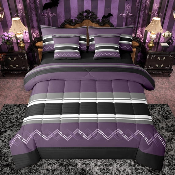 Homewish Fashion Stripes Lines Bedding Comforter Set 7 Pieces, Purple Abstract Ombre Full Bedding Set, Modern Square Triangle Reversible Fitted Sheet Flat Sheet, Breathable Home Decor