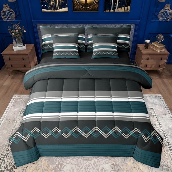 Homewish Fashion Stripes Lines Bedding Comforter Set 7pcs, Olive Abstract Ombre Queen Bedding Sets, Modern Square Triangle Reversible Queen Sheet Sets, Lightweight Room Decor