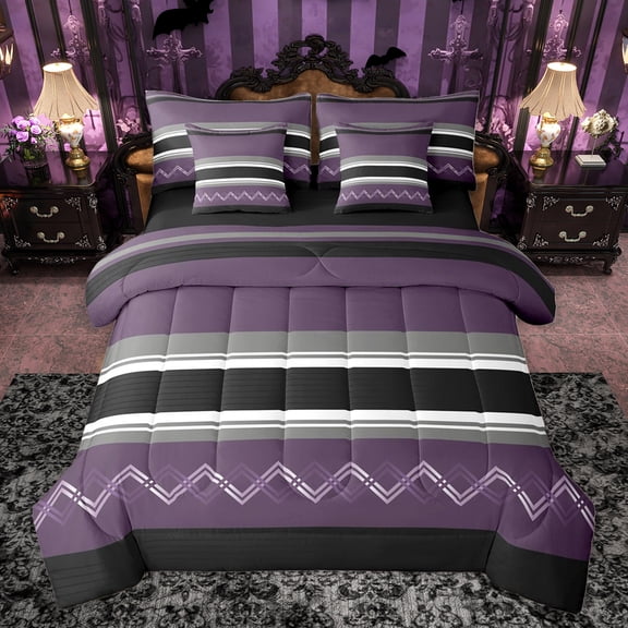Homewish Fashion Stripes Lines Bedding Comforter Set 7pcs, Purple Abstract Ombre Queen Bedding Sets, Modern Square Triangle Reversible Queen Sheet Sets, Breathable Home Decor