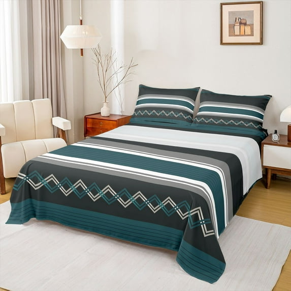 Homewish Fashion Stripes Lines Full Size Sheets, Olive Abstract Ombre Bed Sheets, Modern Square Triangle Sheet Sets, Lightweight Room Decor, 4pcs