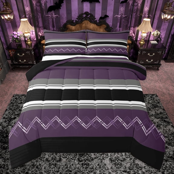 Homewish Fashion Stripes Lines Queen Comforter Set, Purple Abstract Ombre Bedding Sets, Modern Square Triangle Reversible Bedding Comforter Set, Breathable Home Decor, 3pcs