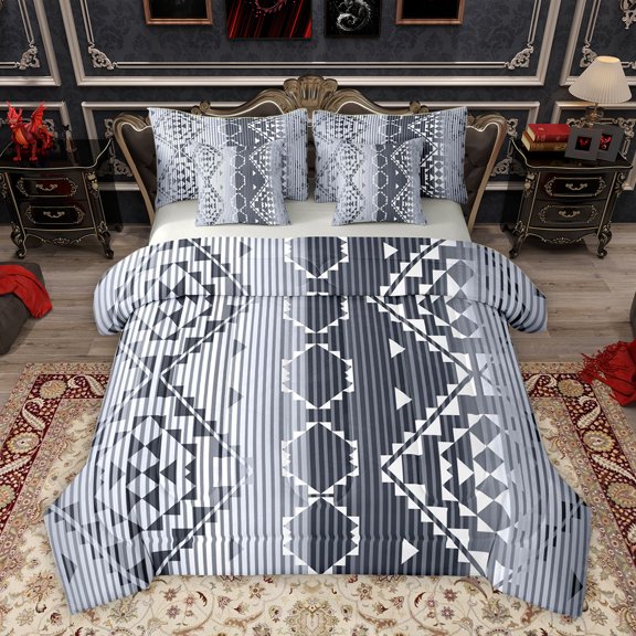 Homewish Fashion Western Aztec Bedding Comforter Set 7pcs for Female, Abstract Stripes Ombre King Bedding Sets, Grey Blue Hippie Triangle Reversible Bed Sheets, Microfiber Bedroom Decor