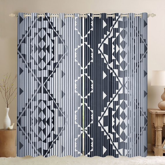 Homewish Fashion Western Aztec Blackout Curtains Set of 2 (52x84 Each) for Female, Abstract Stripes Ombre Window Curtains, Grey Blue Hippie Triangle Curtains and Drapes, Window Curtains Decor