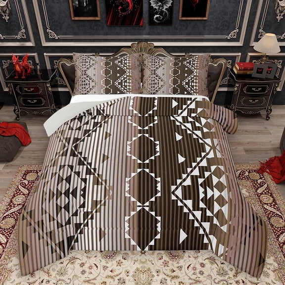 Homewish Fashion Western Aztec Queen Comforter Set for Female, Abstract Stripes Ombre Bedding Sets, Brown Hippie Triangle Reversible Bedding Comforter Set, Super Cozy Room Decor, 3-Piece