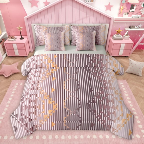 Homewish Fashion Western Aztec Twin Bedding Sets 7-Piece for Female, Abstract Stripes Ombre Bedding Comforter Set, Pink Hippie Triangle Reversible Sheet Sets, Super Cozy Room Decor