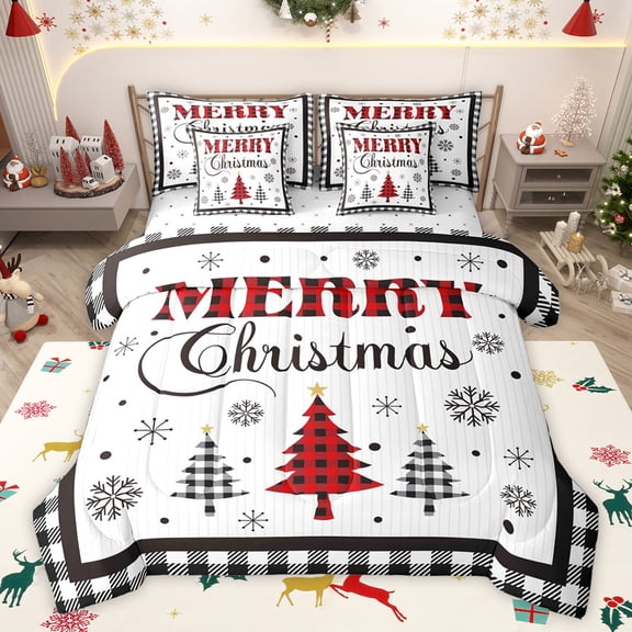 Homewish Fashion Xmas Tree Bedding Comforter Set 7pcs for Boy, Black White Buffalo Queen Bedding Sets, Cartoon Christmas Theme Queen Sheet Sets, Super Cozy Room Decor