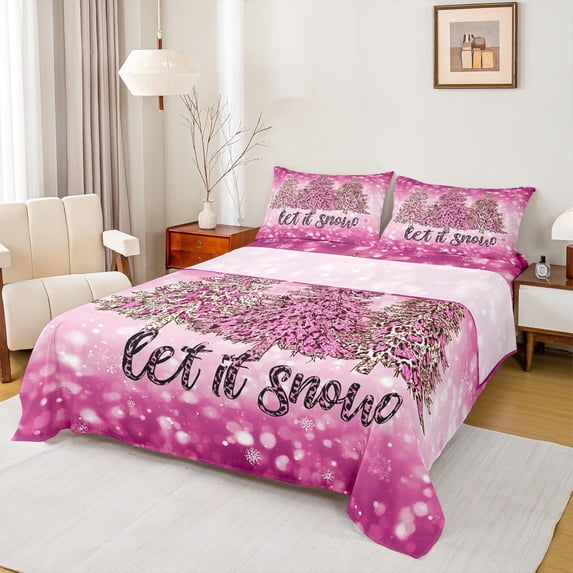 Homewish Fashion Xmas Tree Full Size Sheets for Girls, Glitter Sequin Print Bed Sheets, Christmas Snowflake Sheet Sets, Lightweight Room Decor, 4pcs