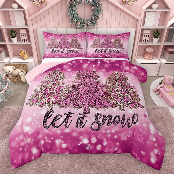 Homewish Fashion Xmas Tree Queen Comforter Set for Girls, Glitter Sequin Print Bedding Sets, Christmas Snowflake Reversible Bedding Comforter Set, Lightweight Room Decor, 3pcs