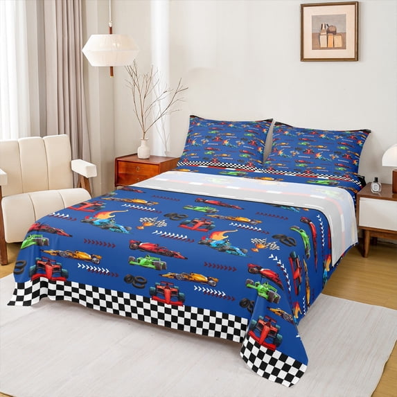 Homewish Fast Car 4pcs Bed Sheets for Kids Children Boys,Geometric Plaid King Sheets,Extreme Sport Super Cozy Sheet Set,Ultra Soft Home Decor