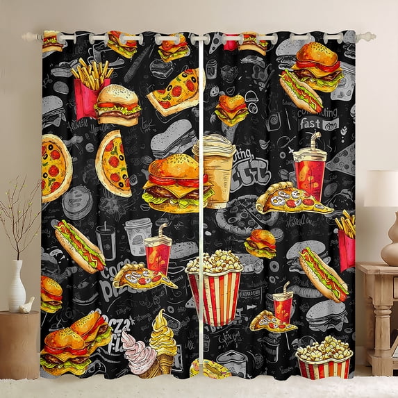 Homewish Fast Food Lover Black Out Curtains, Cartoon Popcorn Hamburger Pizza Curtains Pack of 2 (42x63 Each), Teens Kids Boys Girls Bedroom Curtains, Blackout Curtains Home Decor