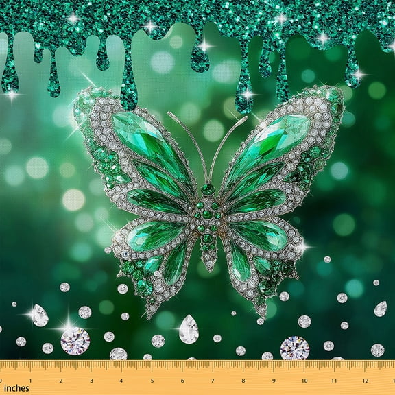 Homewish Female Diamond Butterfly Fabric by the Yard 1 Yard, Green Sequin Print Room Decor Fabric by the Yard, Modern Fashion Sewing Fabric, Luxury Bedroom Decor