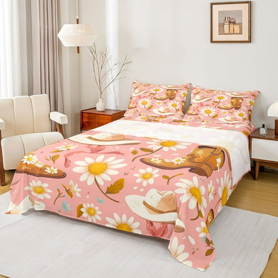 Homewish Female Girls Western Cowgirl Boots Hats 4 Pieces Queen Sheet Sets,Cartoon Floral Daisy Ultra Soft Flat Sheet,Southwestern Old Fashion Queen Fitted Sheet,Microfiber Bedroom Decor