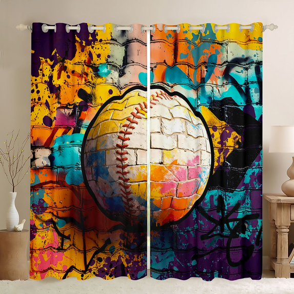 Homewish Female Men Adults Ball Gamer Baseball Black Out Curtains,Abstract Vintage Graffiti Splash Curtains Pack of 2 (42x63 Each),Sport Theme Bedroom Curtains,Super Cozy Room Decor