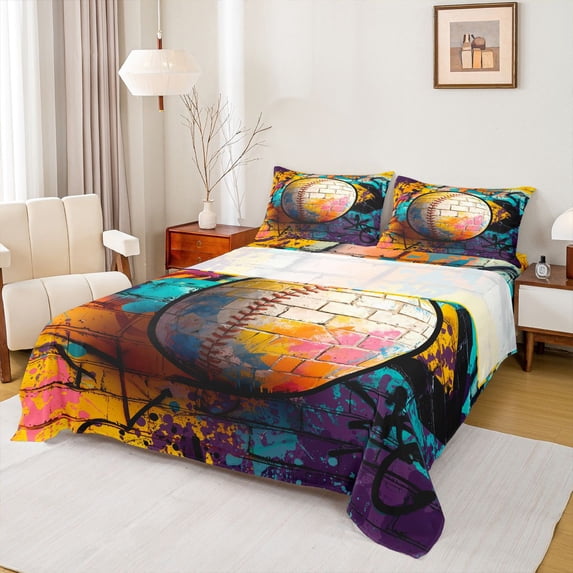 Homewish Female Men Adults Ball Gamer Baseball Full Size Sheets 4-Piece,Abstract Vintage Graffiti Splash Breathable Bed Sheets,Sport Theme Lightweight Sheet Sets,Super Cozy Room Decor