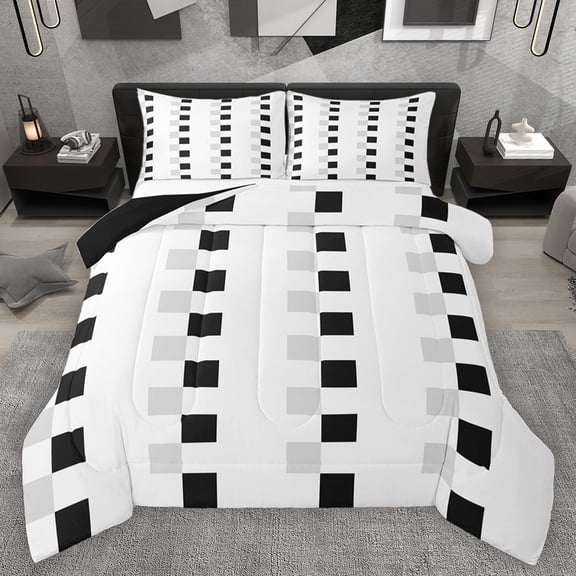 Homewish Female Men Adults Geometric Plaid 3 Pieces Queen Comforter Set,Black White Grey Ultra Soft Bedding Sets,Minimalist Grid Checkered Bedding Comforter Set Breathable,Luxury Bedroom Decor