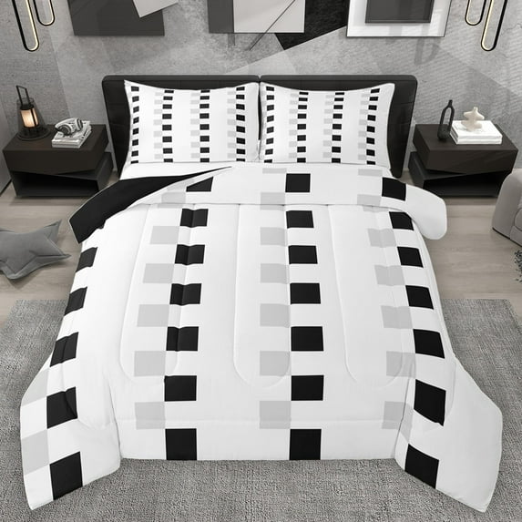 Homewish Female Men Adults Geometric Plaid Bedding Comforter Set 2pcs,Black White Grey Twin Comforter Sets Microfiber,Minimalist Grid Checkered Breathable Bedding Set,Luxury Bedroom Decor,Reversible