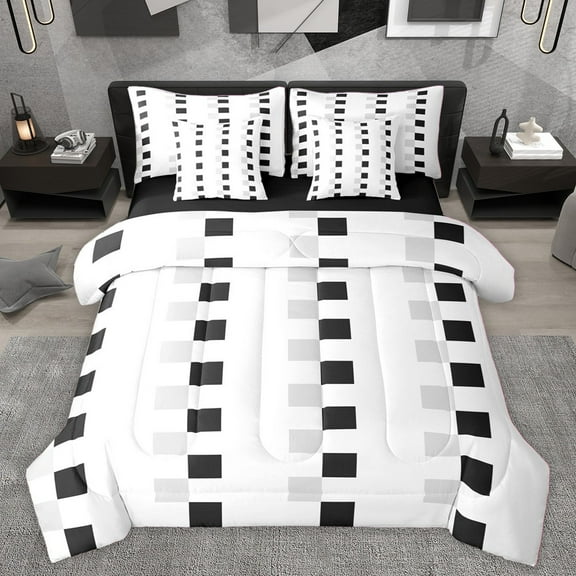 Homewish Female Men Adults Geometric Plaid Bedding Comforter Set 7-Piece,Black White Grey King Bedding Sets,Minimalist Grid Checkered Ultra Soft Bed Sheets,Luxury Bedroom Decor,Reversible