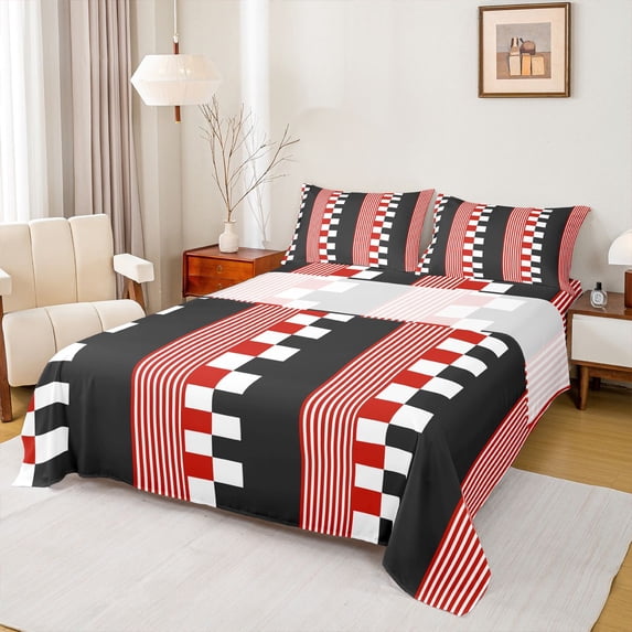 Homewish 4-Piece Queen Sheet Set, Black White Red Plaid, Luxury Soft Adult Bedding