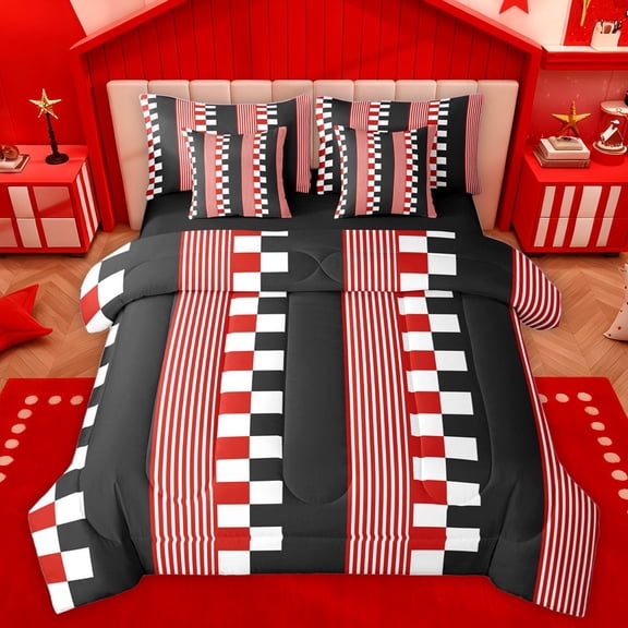Homewish Female Men Adults Geometric Plaid Stripes Bedding Comforter Set 7pcs,Black White Red Queen Bedding Sets Super Cozy,Minimalist Grid Checkered Queen Sheet Sets,Luxury Bedroom Decor,Reversible