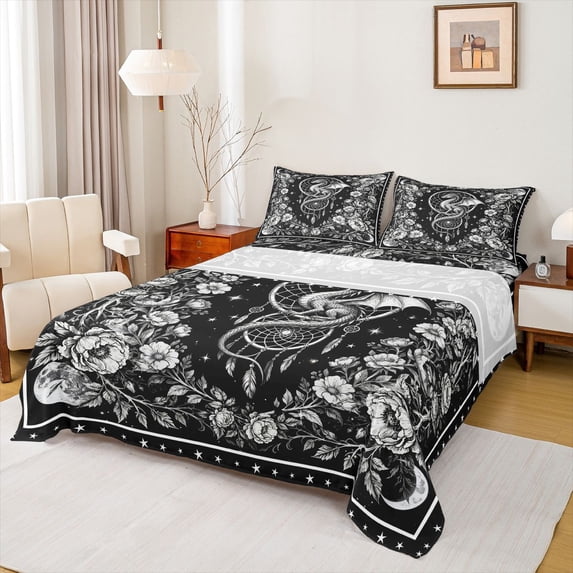 Homewish Female Men Animal Magical Dragon Twin Sheet Sets 3pcs,Abstract Bohemian Dreamcatcher Twin Fitted Sheet Microfiber,Retro Vintage Aesthetic Flowers Breathable Flat Sheet