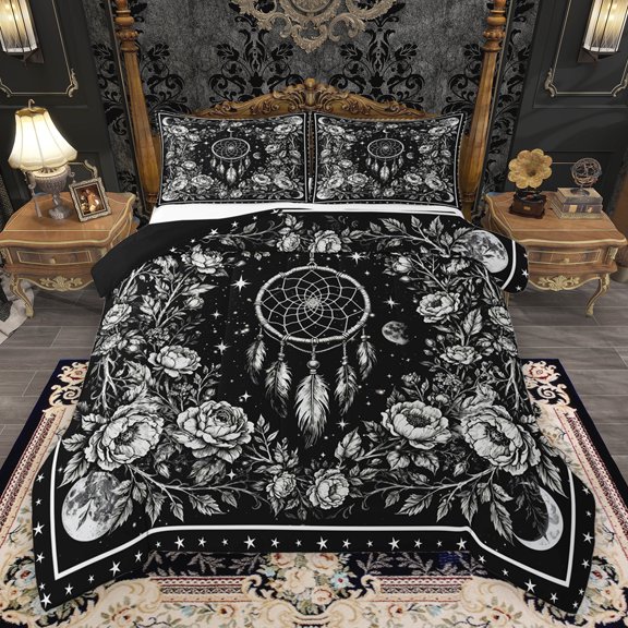 Homewish Female Men Boho Feather Dreamcatcher 3 Pieces Queen Comforter Set,Chic Floral Flowers Ultra Soft Bedding Sets,Retro Vintage Aesthetic Bedding Comforter Set Breathable