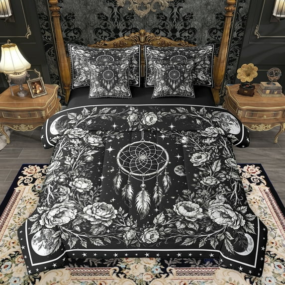 Homewish Female Men Boho Feather Dreamcatcher Bedding Comforter Set 7-Piece,Chic Floral Flowers King Bedding Sets,Retro Vintage Aesthetic Ultra Soft Bed Sheets,Breathable Home Decor,Reversible