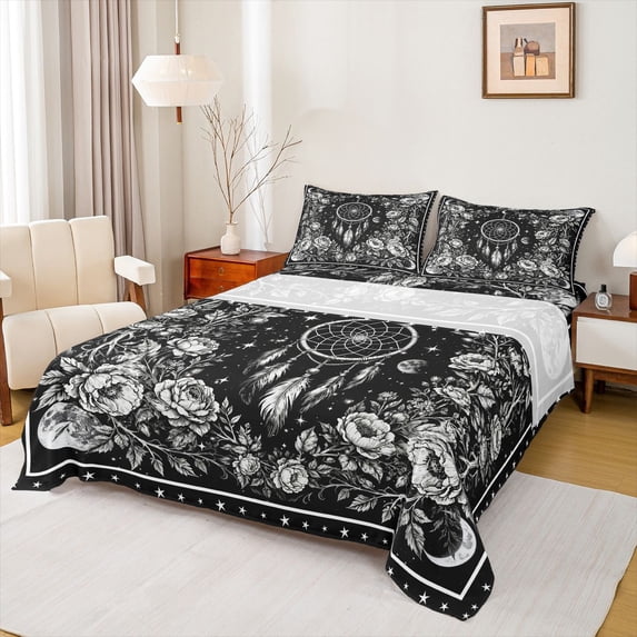 Homewish Female Men Boho Feather Dreamcatcher Full Size Sheets 4-Piece,Chic Floral Flowers Breathable Bed Sheets,Retro Vintage Aesthetic Lightweight Sheet Sets,Breathable Home Decor