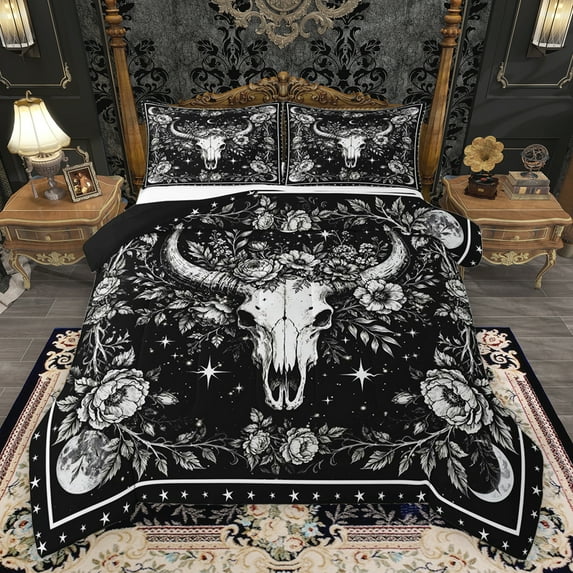 Homewish Female Men Bull Skull Full Size Comforter Sets 3-Piece,Chic Floral Flowers Bedding Comforter Set,Bohemian Retro Vintage Aesthetic Lightweight Bedding Sets,Breathable Home Decor