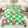 thumbnail image 1 of Homewish Female Men Colorful Flowers 3 Pieces Queen Comforter Set,Abstract Groovy Floral Blossoms Ultra Soft Bedding Sets,Green White Plaid Grid Bedding Comforter Set Breathable, 1 of 8