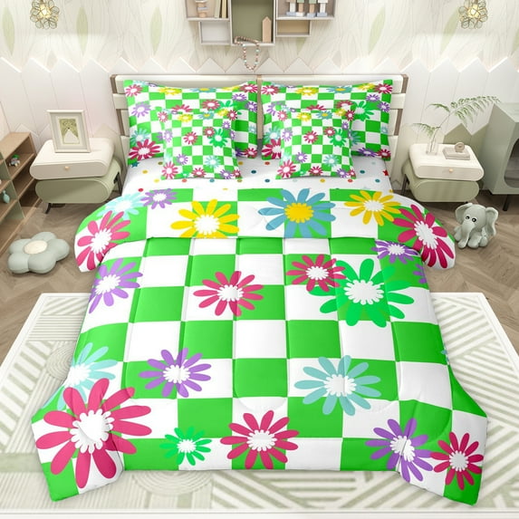 Homewish Female Men Colorful Flowers Bedding Comforter Set 7 Pieces,Abstract Groovy Floral Blossoms Full Bedding Set Lightweight,Green White Plaid Grid Fitted Sheet Flat Sheet