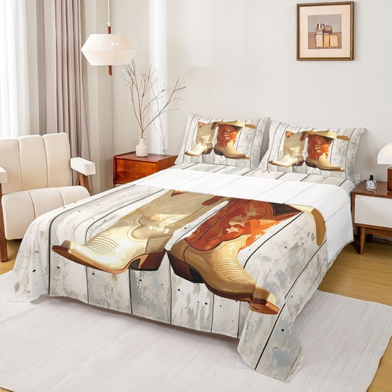 Homewish Female Men Cowboy Cowgirl Boots 4 Pieces Queen Sheet Sets,Western Theme Ultra Soft Flat Sheet,Retro Vintage Cabin Queen Fitted Sheet,Microfiber Bedroom Decor