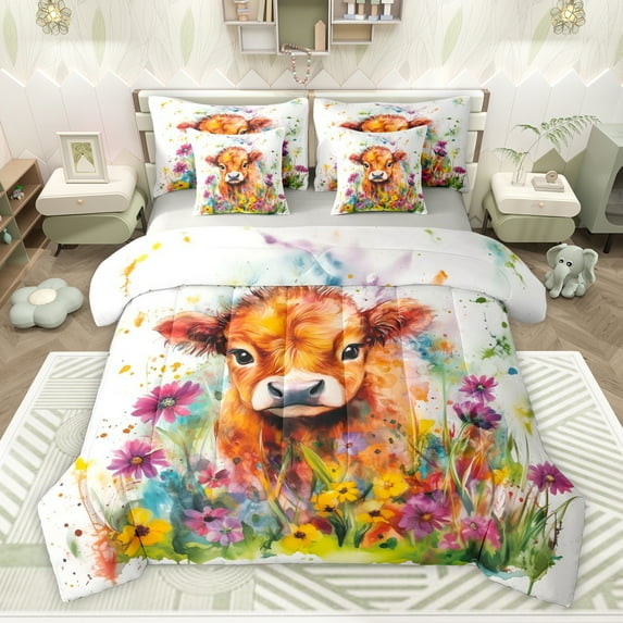 Homewish Female Men Highland Cow Bedding Comforter Set 7 Pieces,Farmhouse Animal Full Bedding Set Lightweight,Chic Floral Flowers Fitted Sheet Flat Sheet,Lightweight Room Decor,Reversible