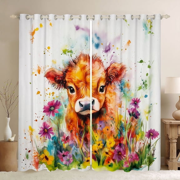 Homewish Female Men Highland Cow Black Out Curtains,Farmhouse Animal Curtains Pack of 2 (42x63 Each),Chic Floral Flowers Bedroom Curtains,Lightweight Room Decor